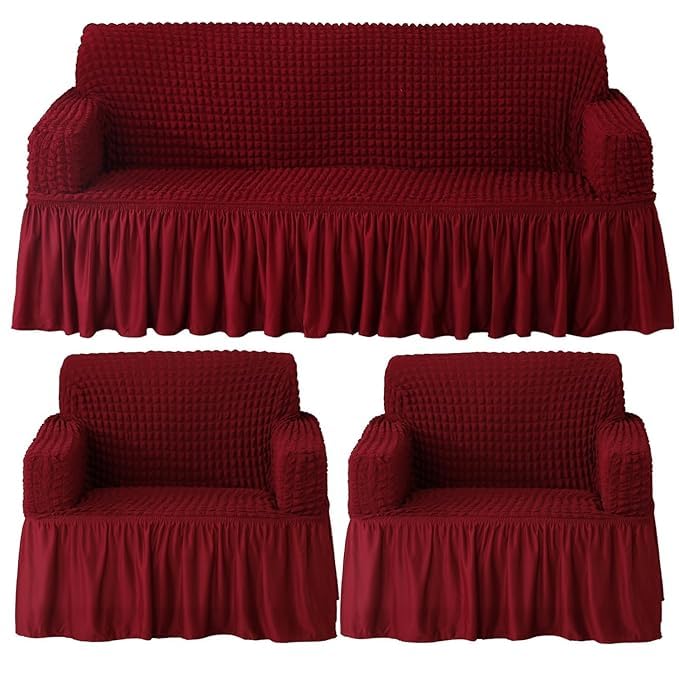 B BESTILO Sofa Cover 3 Seater and 2 Seater Fully Covered Universal 5 Seater Sofa Cover Non-Slip Sticky Elastic Stretchable Sofa Set Slipcover (Cherry Red, 5 Seater)-image-44