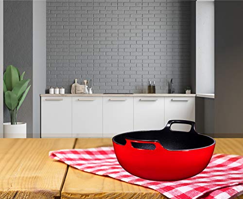 Enameled Cast Iron Balti Dish With Wide Loop Handles, 5 Quart, Fire Red - Thumbnail 4