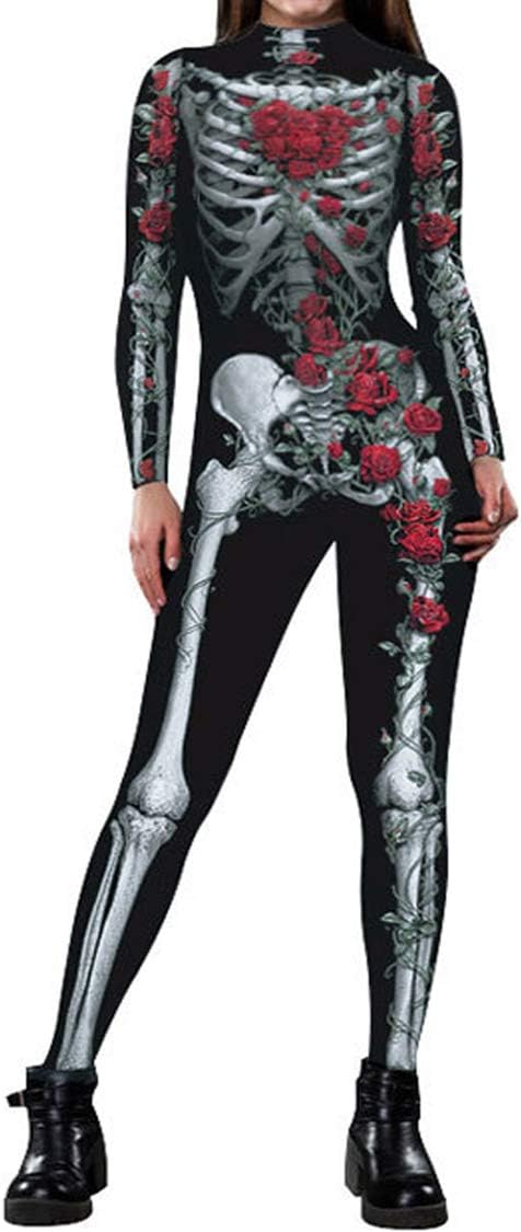 Fixmatti Women Halloween Party Costume Skull Print Long Sleeve Jumpsuit Outfit