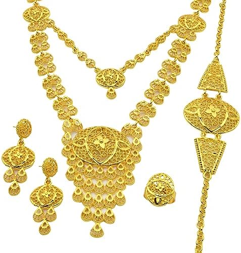 Ethiopian Tassel 24k Gold Plated Jewelry Sets For Women Arabic Wedding Indian Bridal Dubai Necklace Earrings Bracelet Ring Set for Lady Wife Mother