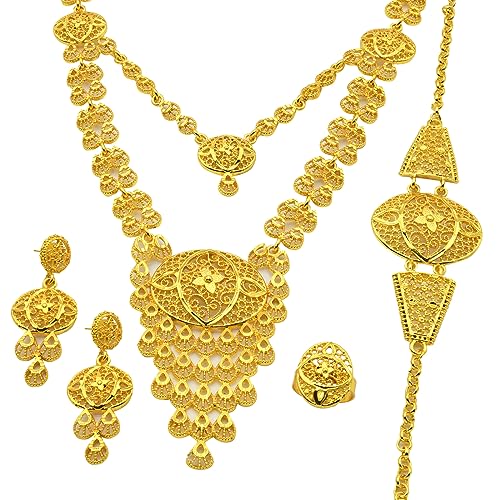 SUVAN JEWELRYEthiopian Tassel 24k Gold Plated Jewelry Sets For Women Arabic Wedding Indian Bridal Dubai Necklace Earrings Bracelet Ring Set for Lady Wife Mother