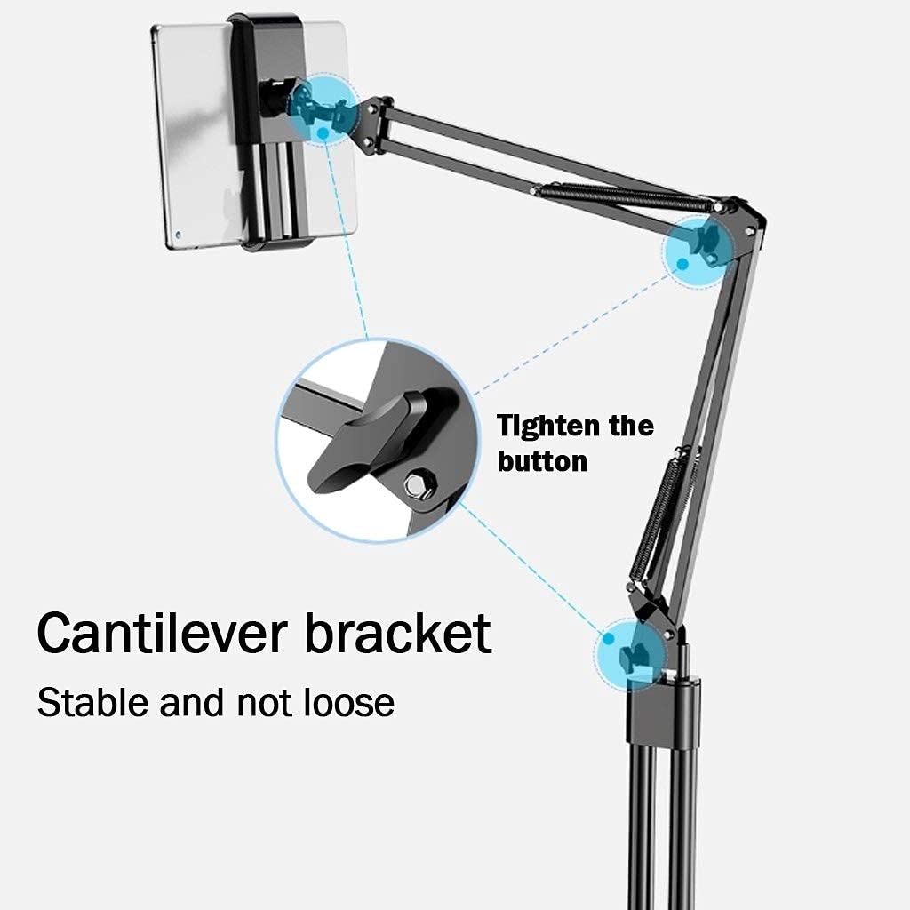 Soporte de suelo ajustable para tablet con brazo largo plegable, soporte universal para tabletas de 4 a 12.9 pulgadas, adecuado para dormitorio, cocina, sala de estar, uso al aire libre