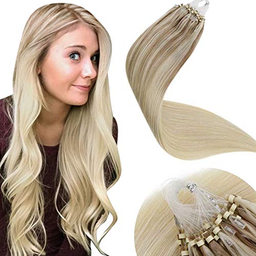 LaaVoo 14inch Micro Loop Hair Extensions Silicone Micro Beads Stick Tip Hair Extensions Balayage Ombre Ash Blonde Fading to Medium Blonde and Platinum Blonde 100% Remy Human Hair 50g/50s#18/22/60
