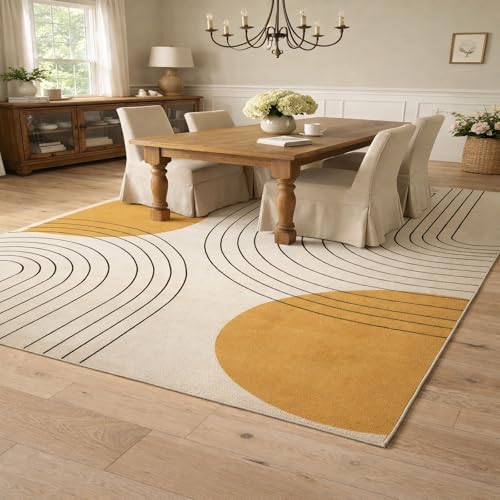Tapis Carré,Jaune Moutarde, géométrique Moderne, Beige Noir, 180 x 180 cm, Lavable Tapis pour Décoration Maison Salon, Chambre, Salle à Manger,