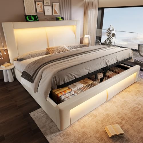 EURHCIO Lit Coffre 180x200cm,Lit Double avec Rangement,Tissu de Velours,Tête au Design incurvé,Sommier à Lattes,avec éclairage LED et Ports USB/Type-C,sans...