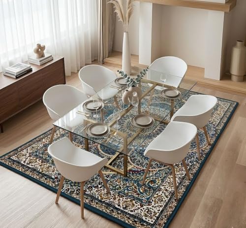 Image of DECOMIZER 5x7 Feet Premium Carpet for Hall | Rug Runner and Carpets for Bedroom /Living Area /Home with Anti Slip Backing | Machine Washable -Blue White Damas