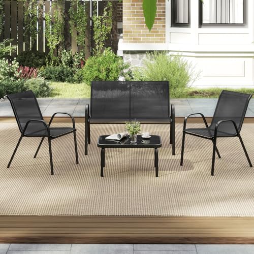 GIANTEX Juego de Muebles de Jardín 4 Piezas, 1 Sofá de 2 Plazas, 2 Sillones y 1 Mesa de Centro con Tablero de Vidrio, Tejido Transpirable, Conjunto de Conversación para Patio, Terraza (Gris)