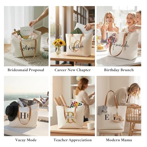 Image of ELEGANTPARK Personalized Canvas Tote Bag with Zipper, Custom Bridesmaid Gifts with Name & Role, Monogrammed Initial Bag for Women, Teacher, Nurse, Travel & Beach | Monogrammed, Customized Gift Tote