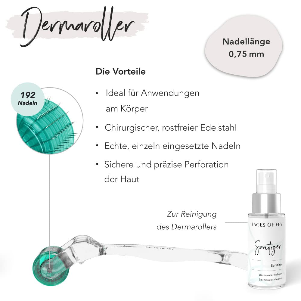 FACES OF FEY Derma roller 0,75 mm, prawdziwe igły, serum niacynamidowe i dezynfekujące – czysta skóra i pryszcze w domu