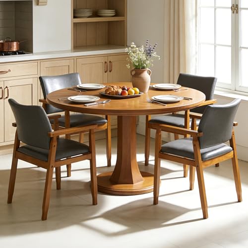 Image of NOBPEINT Mid-Century Modern Dining Chairs with Armrest Set of 4, PU Leather Upholstered Dining Room Chairs with Solid Wood Frame, Walnut Kitchen Armchairs for Kitchen Living Room Restaurant, Grey