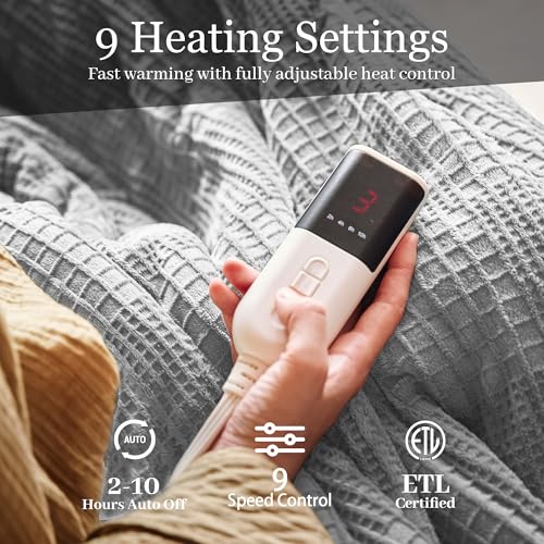 Electric Blanket Full Size 72''X84'' - Heated Blanket with Single Control Fast Heating 9 Heating Levels & 10 Hours Auto Off,ETL Certified Machine Washable (Grey)