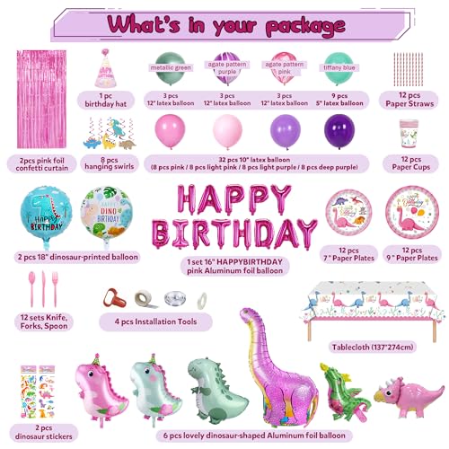 Image of 150 pcs Dinosaur Birthday Party Supplies For Girls (Serves 12), Pink Dinosaur Party Decorations, 50 pcs Latex Balloons, 12 sets Tableware, Plates, Tablecloth, Installation Tools