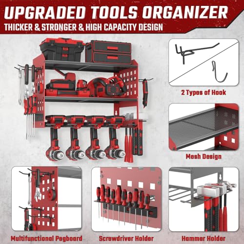 Image of SUNALLY Power Tool Organizer, Heavy Duty Wall Mount Tool Organizer 3 Layers with 4 Drill Holders, Garage Tools Storage Rack with 2 Side Pegboards and Hooks for Workshop, Shed, Red