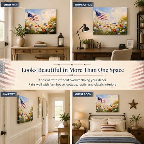 Image of Patriotic Wall Art Decorations, 4th of July American Flag Vintage Canvas Print Picture Framed, for Rustic Americana Home Living Room Decor