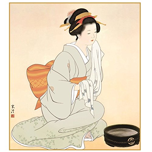 現代日本画家の美人画★清水玄澄　筆作品　顔を拭う女 現代日本画家の美人画☆清水玄澄 筆作品 顔を拭う女