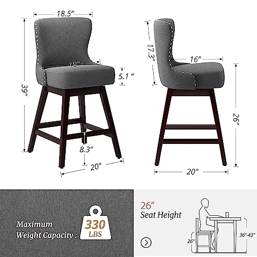 Cozyman Counter Height Bar Stools Set Of 2, 26" H Swivel Bar Stool With Back, Linen Fabric Counter Stool, Solid Wood Legs, Retro Upholstered Barstools For Kitchen Island, Home Bar, Pub, Gray #TOP2