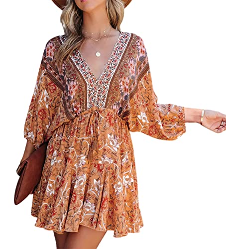 R.Vivimos Womens Summer Floral Dress 3/4 Sleeve Deep V Neck Boho Drawstring Backless Swing Mini Dress