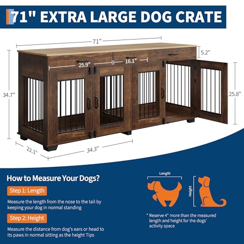 71 Inch Dog Crate Furniture for 2 Rooms, Wooden Double Crate Large Breed with Door, Dog Kennel Indoor, TV Stand End Table with Divider for Large Medium Dogs,Brown