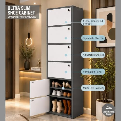 Image of EXVITO Modern Tall Shoe Cabinet, Wooden Flip Door Shoe Storage Cabinet, 5-Door Narrow Entryway Shoe Organizer with Multi-Tier Shelves, Space Saving Shoe Rack for Hallway, Apartment & Home - Black