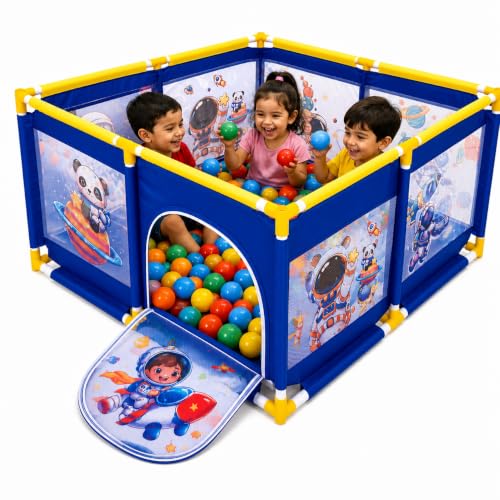 Image of BabyGo Jumbo Size Space Theme Ball Pool for Kids | Indoor and Outdoor Playpen with Safety Fence and Zipper Door | Blue | 101 x 101 x 64 cm | (Balls Not Included)
