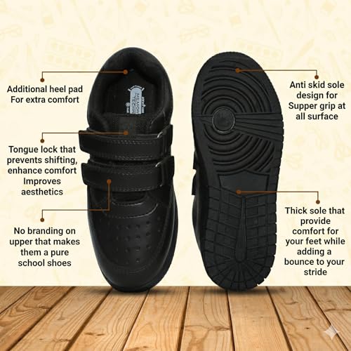 Image of ATHCO Unisex-Child Care-V2-Velcroo School Shoes | Soft Cushioned Memory Foam Heel Pad Support | Kid's | Boy's | Girl's | Children |Uniform Shoes | Lightweight | Velcroo |Easy Wear & Care| Formal Shoes | Padded Textured Heel Grip Lining | Breathable | All Day Comfort