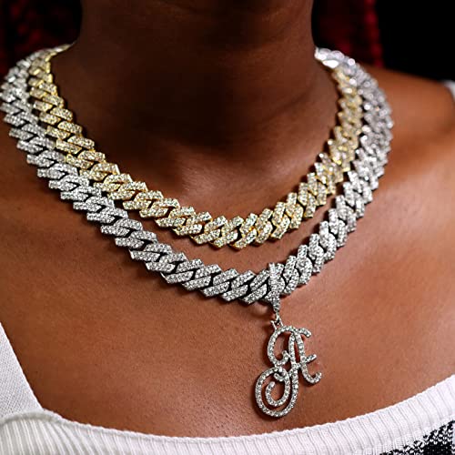 Ptjdsmf Gold Silver Plated Initial Cuban Link Chain Necklace For Women Cursive Letter Gold Miami Cuban Link Chain Iced Out Chain With Pendant For Women (Silver, A) #TOP1