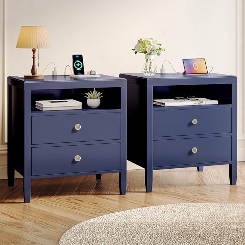 Image of Huuger Blue Nightstand Set of 2, Night Stand with Charger Station