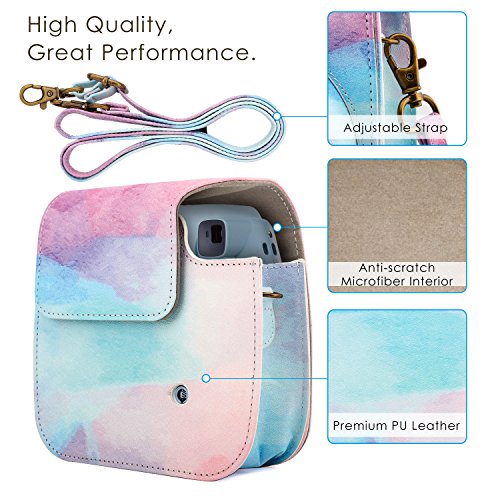Moko Camera Protective Case Compatible With Fujifilm Instax Mini 12/11/9/8/8+, Pu Leather Instant Film Camera Bag, Protector Cover With Pocket And Removable/Adjustable Shoulder Strap, Water Color #TOP2