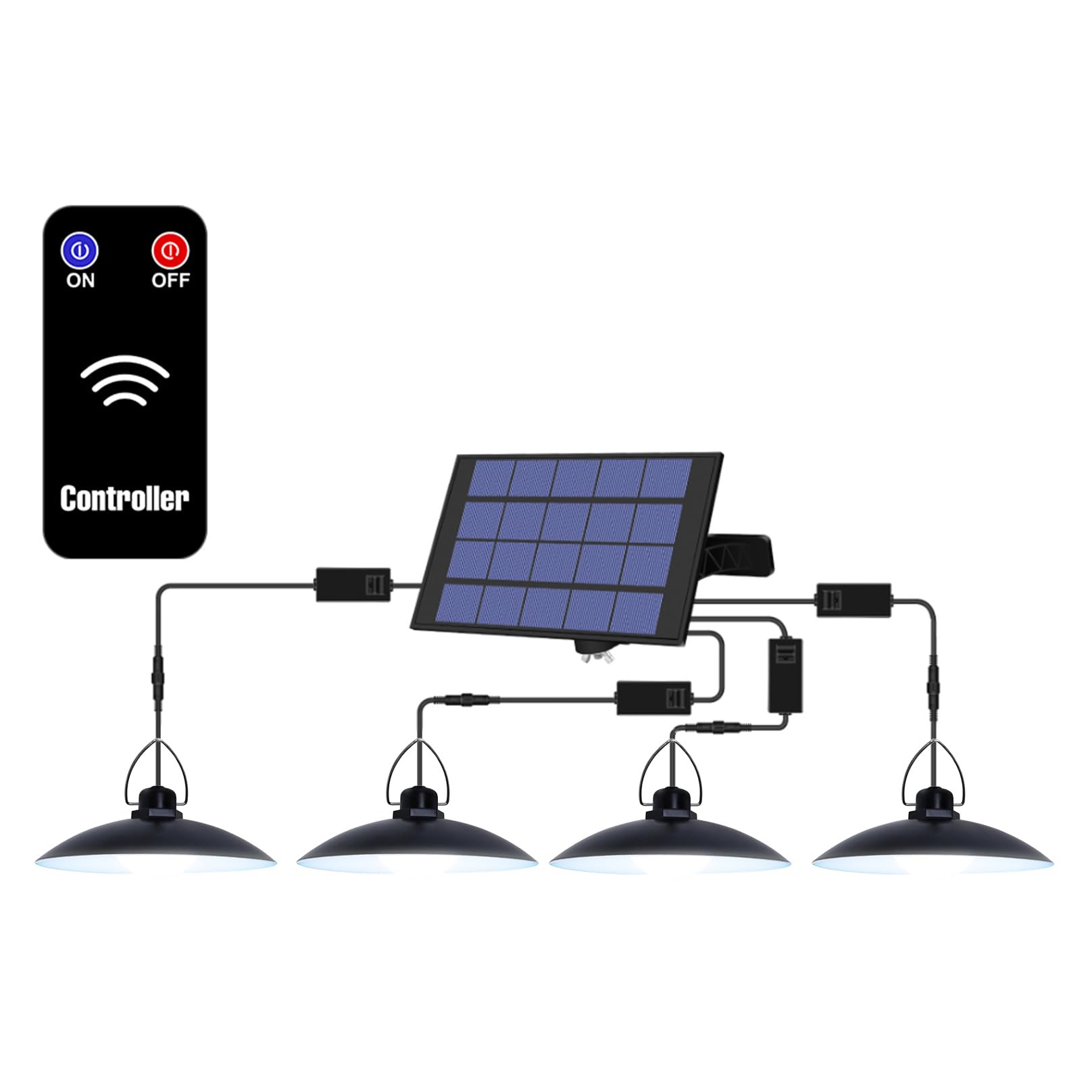 Lampy solarne LED na zewnątrz z pilotem zdalnego sterowania, czujnik ruchu, zasilana energią słoneczną, lampa wisząca, 1040 lm, 6000 K, zimna biel, wodoodporność IP65, przenośna lampa wisząca LED