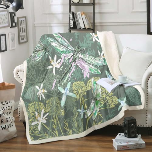 Feelyou Dragonfly Sherpa Blanket Twin 60x80 Inches Botanical Floral Fleece Throw Blanket for Kids Girls Teens Women Bedroom Decor Nature Animals Branches for Sofa Bed Couch Vintage Green