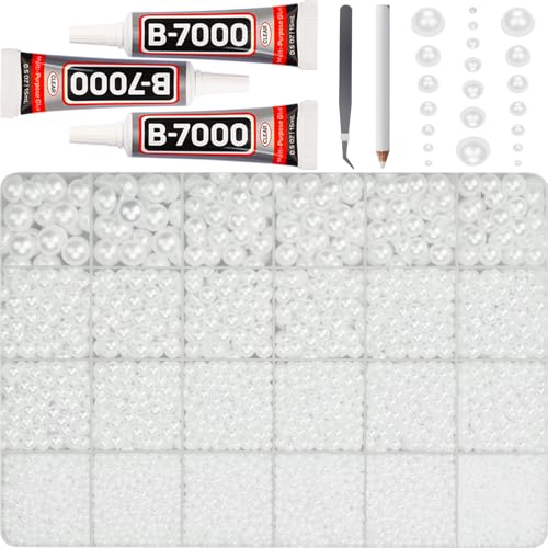 17000Pcs White Half Pearls Beads for Crafting Flat Back Pearls Rhinestones Gem FlatBack Diamond for Decor Crafts Bedazzling Decoration Bedazzle Shoes Clothes Bedazzled 2 3 4 5 6 8 10mm and B7000 Glue