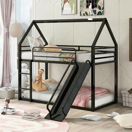NKISHECK Twin Over Twin Bunk Bed with Slide, Junior House Low Bunk Bed Metal Bunkbeds with Ladder and Full-Length Guardrail for Girl, Boy, Floor BunkBed, No Box Spring Needed (Black)
