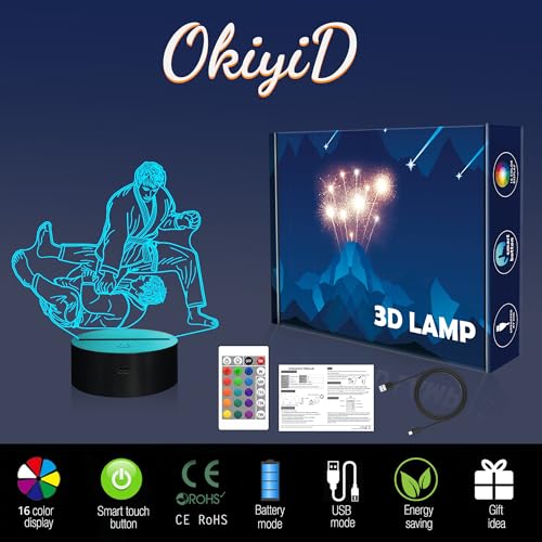 Image of OkiyiD Jiu Jitsu Gifts for Men Boys, Jiu-Jitsu 3D Night Light Illusion Lamp with 16 Colors Remote Controller, Jiu Jitsu Martial Arts Dojo Room Decor for Men Boys and Practitoners
