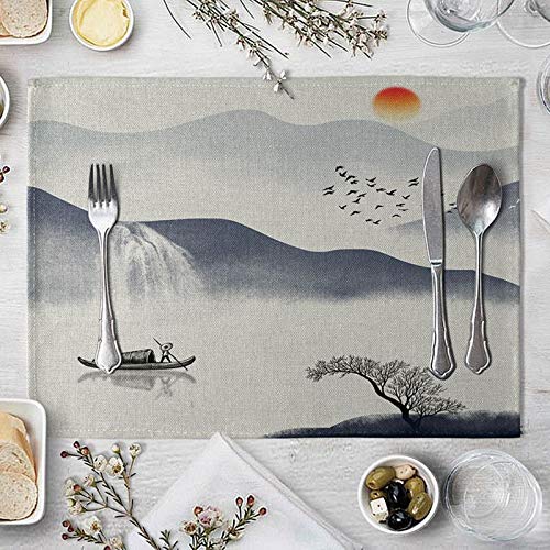 Beydodo Manteles individuales lavables de lino de algodón resistente al calor de 30,5 x 40,6 cm para montañas, ríos y barcos de pesca al atardecer, decoración de casa