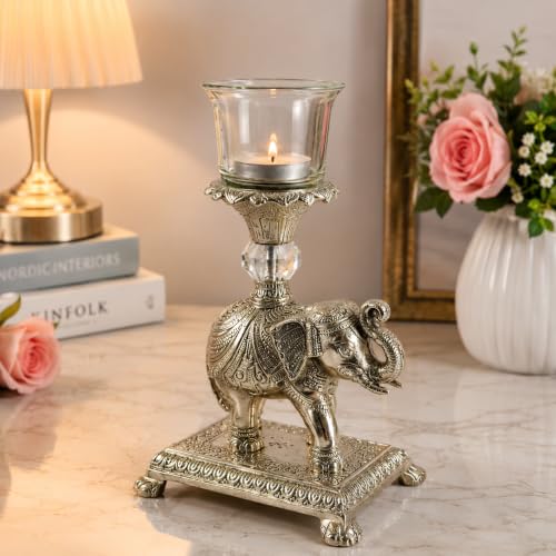 Image of eCraftIndia Antique Silver Finish Elephant Tealight Candle Holder Showpiece for Home Decor | Decorative Metal Elephant Candle Stand with Glass Votive Holder | Living Room & Festive Decoration