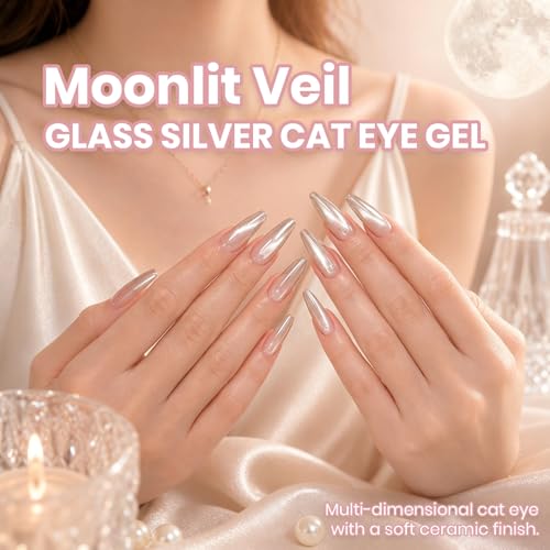 Image of Beetles Moonlit Veil Clear Cat Eye Gel Nail Polish - 15ML Full Size Moonlight White Silver Cat Glitter Gel Polish Shimmer Translucent Sheer Glass Magnetic Color Soak Off UV Salon DIY at Home Gifts