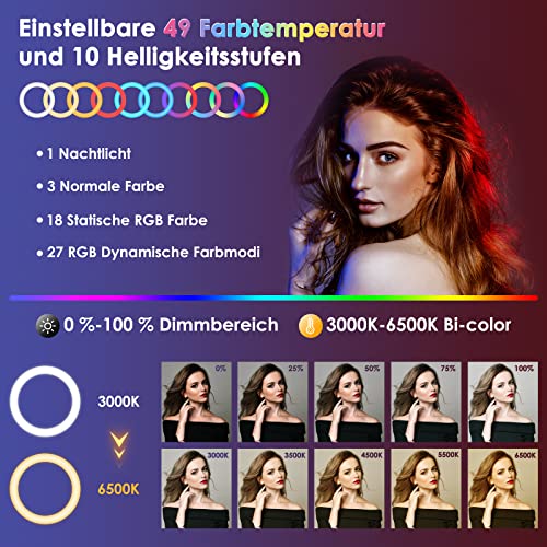 EYETOO RGB Ringlicht 18 Zoll mit Standfuß, Selfie 55W 49 Modi Dimmbares LED 75'' Stativständer und Handy iPad Halter… – Bild 4