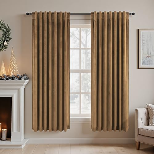 Image of Pitalk Velvet Black Out Curtains Gold Brown for Bedroom Thermal Soundproof Noise Reducing Drape for Nursery Living Room Darkening Privacy Luxury Home Decor Back Tab 63 Inch Length 2 Panel Golden Brown