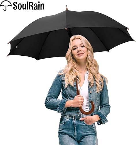 Miniatura 3 de SoulRain Paraguas clásico con mango de madera de 48 pulgadas apertura automática resistente al viento irrompible paraguas de lluvia negro paragua