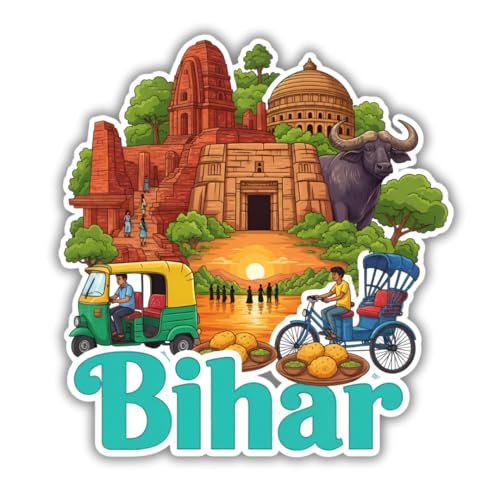 Image of Bihar Fridge Magnet, Indian Tourism Design with State Famous Items Cultural Theme Typography, Indian State Souvenir Fridge Magnet Size 4x3 Inches | Pack of 1