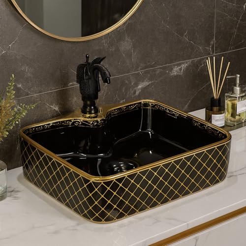 Image of BASSINO 19x15x5 Inches Ceramic Counter Top Wash Basin /Black & Gold Basin for Bathroom /Modern Design /Rectangular Shape Tabletop Washbasin for Restaurant /Dining Hall /Living Room /Home(Glossy)