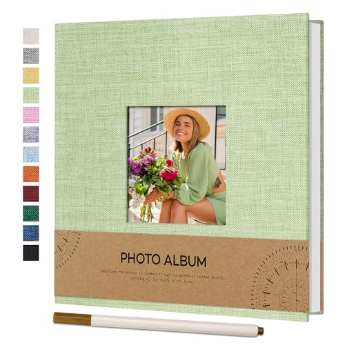 Vienrose Álbum de Fotos Autoadhesivo con Ventana para Fotos de 10x15, Pequeño Álbum de Recortes de Lino 40 Páginas Blancas DIY Libro de Recortes con Bolígrafo de Metal, 17x18 CM Verde hierba