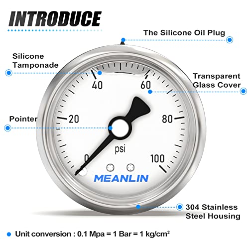 Image of MEANLIN MEASURE 0~100Psi Stainless Steel 1 /4 inch NPT 2.5 inch Single Scale FACE DIAL,Glycerin Filled Pressure Gauge, WOG Water Oil Air Back Mount, with 1 /2 inch NPT and 3 /8 inch NPT Hex Bushing