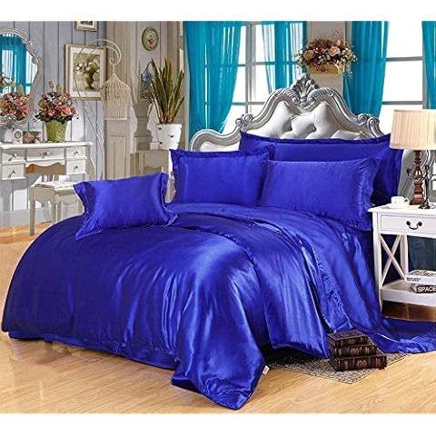 Impression Bedding 100% Pure Silky Satin Sheet Set 5Pc, Queen Size Solid Royal Blue Silk Fitted Sheet 15" Deep Pocket, Silk Flat Sheet, 2 Pillowcases & Silk Comforter.!! Cover