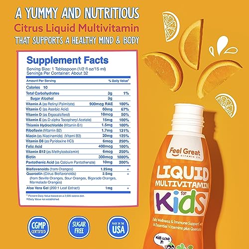 Feel Great Liquid Multivitamin For Kids | Orange Flavored Vegetarian & Sugar Free Kids Liquid Vitamin | Essential Kids Vitamins & Immune Support For Kids | 30 Day Supply #TOP6