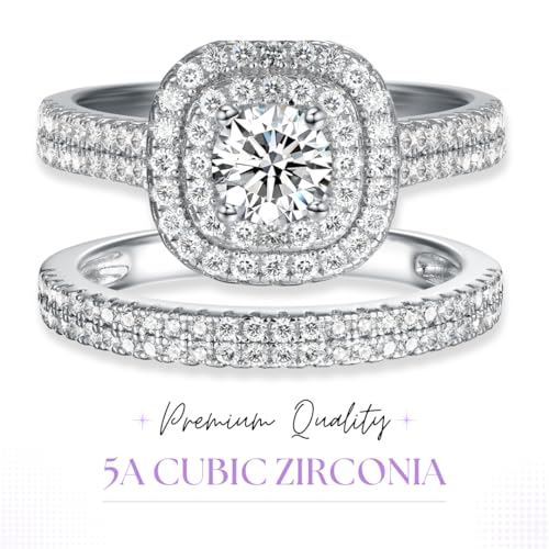 5Ct 925 Sterling Silver Cubic Zirconia Round Cut Double Halo Wedding Ring Set CZ Engagement Ring for Women Size 5-102