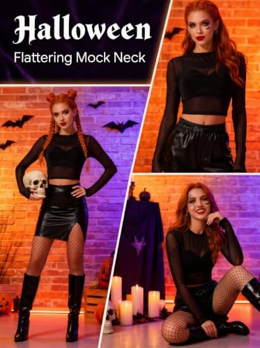 Mesh Crop Tops for Women Long Sleeve Mock Neck Sexy Cropped T Shirts for Punk Rock Outfits Sheer Black Top Womens Y2K Goth Halloween Shirts for Women See Through Top(US,Alpha,Large,Regular,Black) - image 4