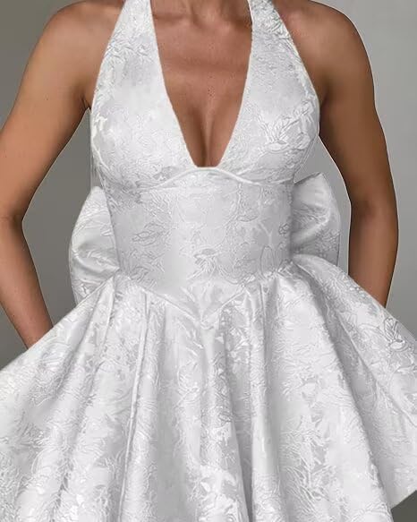 Jacquard Satin Homecoming Dresses with Bow Halter Top Short Cockatil Party Gowns2