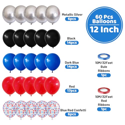 Image of Red Blue Black Balloons, 60PCS Red and Blue Party Balloons, 12Inch Metallic Silver Balloons Dark Red Blue Confetti Balloons for Boys Birthday Graduation Baby Shower Party Decorations