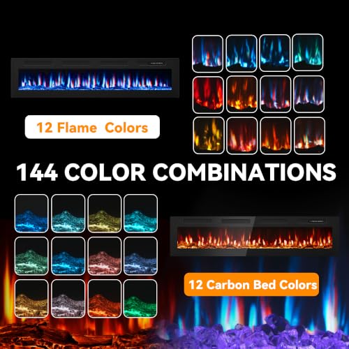 Image of Tehanld 72 inch Ultra-Thin Electric Fireplace Heater, Recessed Wall Mounted | 60-99F Thermostat, 0 /750 /1500W, Child Lock, Realistic Flame, Log & Crystal, Linear Design for Large Room Built-in
